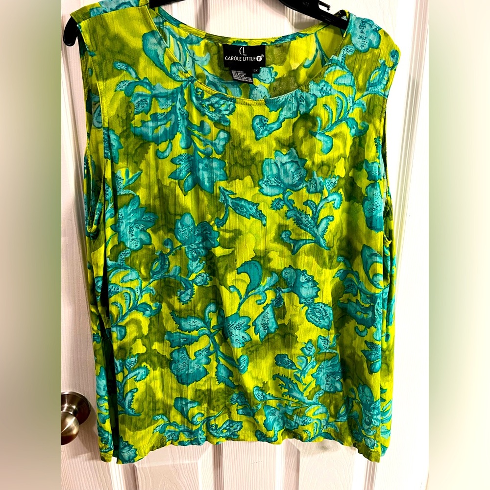 Carole Little II blouse with floral design in turquoise and lime green